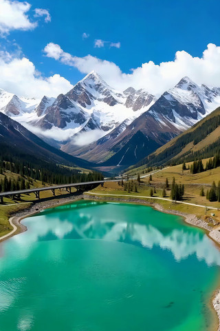 雪山下的碧绿湖泊风景 雪山下的碧绿湖泊风景