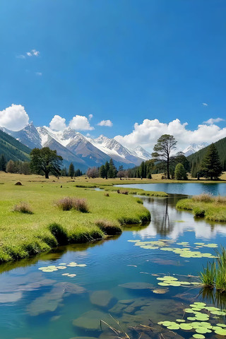 雪山下的草地湖泊自然景观 雪山下的草地湖泊自然景观