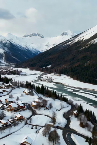雪山下的冬日村庄航拍 雪山下的冬日村庄航拍