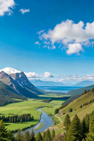 雪山下的河谷森林自然风光 雪山下的河谷森林自然风光