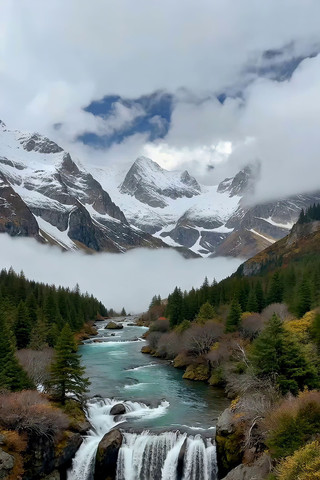 雪山下的河流与瀑布风景 雪山下的河流与瀑布风景