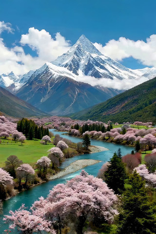 雪山下河谷旁的烂漫樱花风景 雪山下河谷旁的烂漫樱花风景