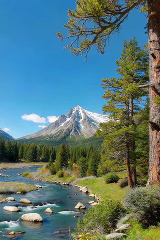 雪山下河流森林自然风光 雪山下河流森林自然风光