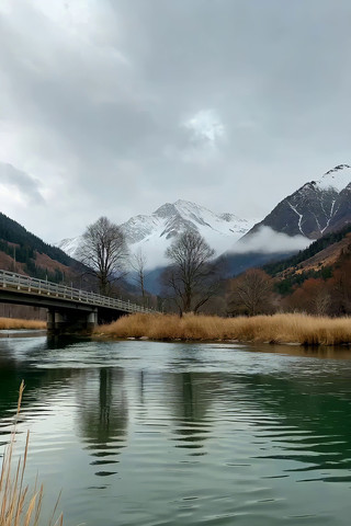 雪山下河流与桥梁风景 雪山下河流与桥梁风景