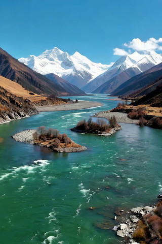 雪山下河流自然风光 雪山下河流自然风光