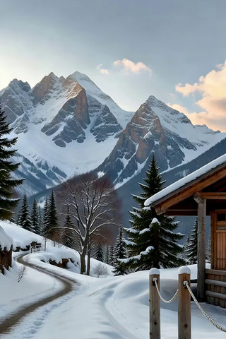 雪山下木屋雪景自然风光 雪山下木屋雪景自然风光