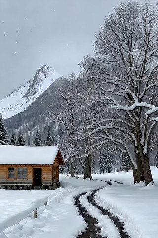 雪山下木屋雪景自然风光素材 雪山下木屋雪景自然风光素材