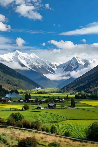 雪山下田园风光全景 雪山下田园风光全景