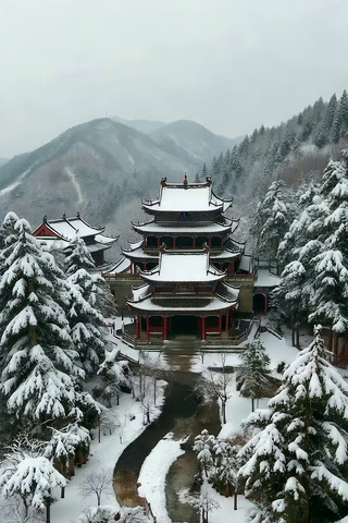 雪中古建筑寺庙全景 雪中古建筑寺庙全景
