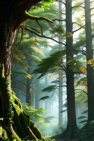 阳光洒落的茂密森林场景 阳光洒落的茂密森林场景