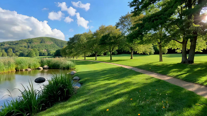 阳光照耀下的湖畔绿地风光 阳光照耀下的湖畔绿地风光
