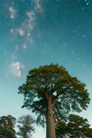夜空下大树与流星景观 夜空下大树与流星景观