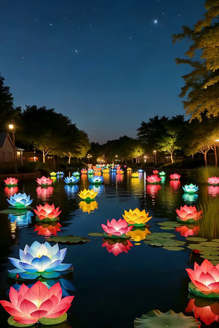 夜晚湖面漂浮彩色荷花花灯 夜晚湖面漂浮彩色荷花花灯