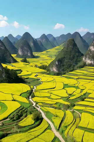 油菜花海与山峦田园风光 油菜花海与山峦田园风光
