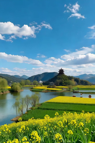 油菜花田山水古塔风景 油菜花田山水古塔风景