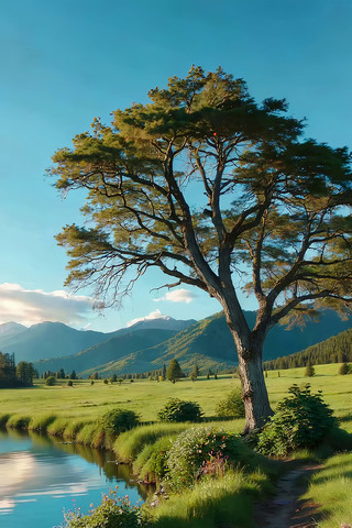 原野湖畔孤树自然风光 原野湖畔孤树自然风光