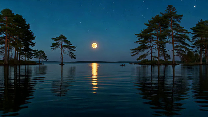 月夜湖面树林自然风光 月夜湖面树林自然风光