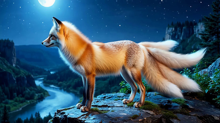 月夜下岩石上站立的狐狸 月夜下岩石上站立的狐狸