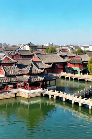 中式古建筑临水全景 中式古建筑临水全景