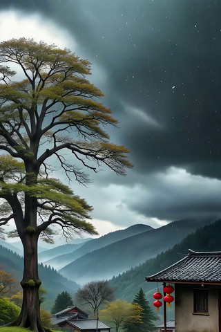 中式乡村雨天自然风光 中式乡村雨天自然风光