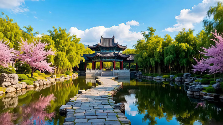 中式园林石桥池塘风景 中式园林石桥池塘风景