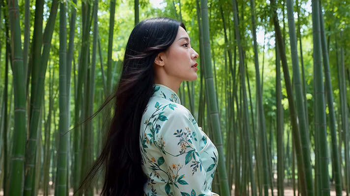 竹林中身着花衣女子侧身而立 竹林中身着花衣女子侧身而立
