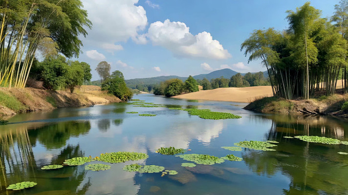自然风光河流竹林全景 自然风光河流竹林全景