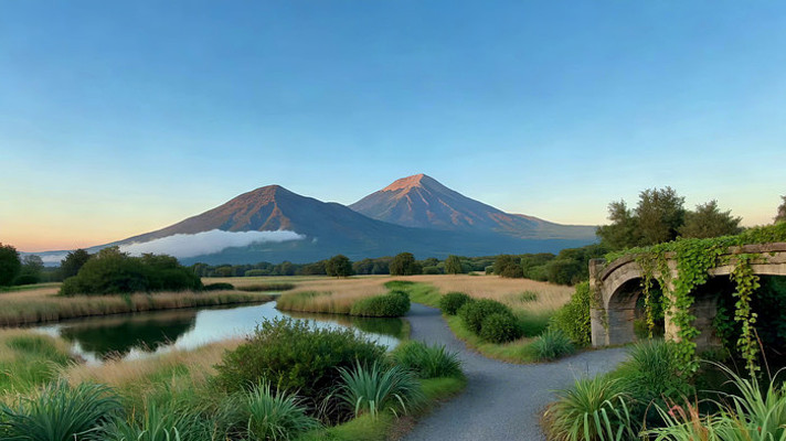 自然风光中的桥梁与远山景观 自然风光中的桥梁与远山景观