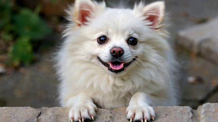 白色小狗趴在石边特写 白色小狗趴在石边特写