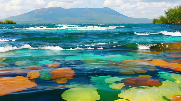 彩色水面与远山风景 彩色水面与远山风景