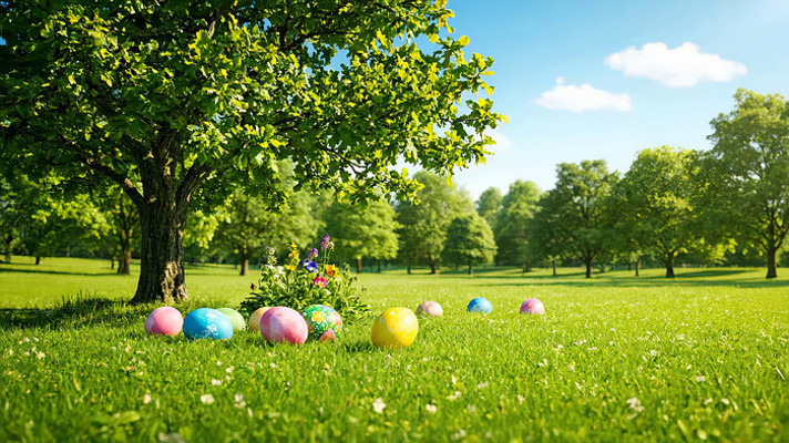 草地树木下的彩色复活节彩蛋 草地树木下的彩色复活节彩蛋
