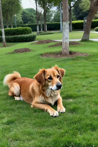 草地休憩的棕色狗狗 草地休憩的棕色狗狗