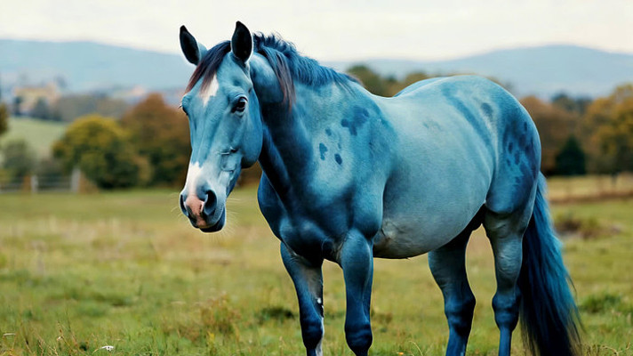 草地中蓝色马匹低头吃草 草地中蓝色马匹低头吃草