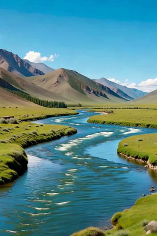 草原河流与山脉自然风光 草原河流与山脉自然风光