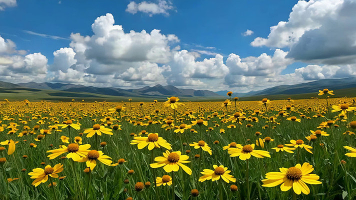 草原黄色花海自然风光 草原黄色花海自然风光