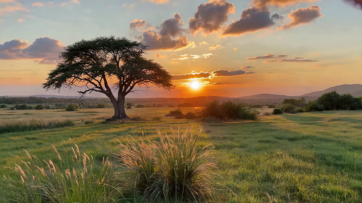 草原日落时分的孤树景观 草原日落时分的孤树景观