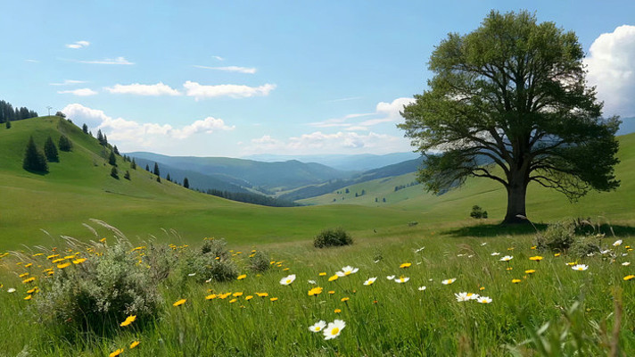 草原上的独树与花海风景 草原上的独树与花海风景