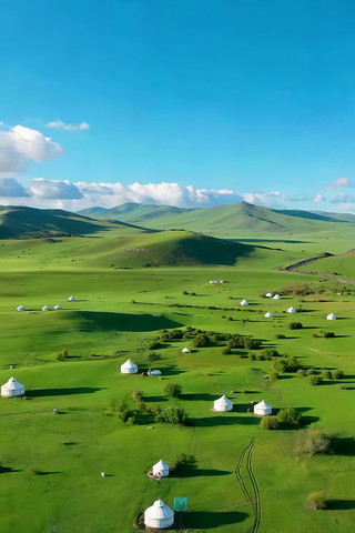 草原上分布的蒙古包航拍素材 草原上分布的蒙古包航拍素材