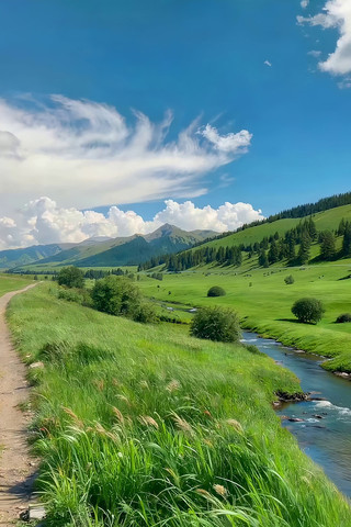 草原自然风光小路河流景观 草原自然风光小路河流景观