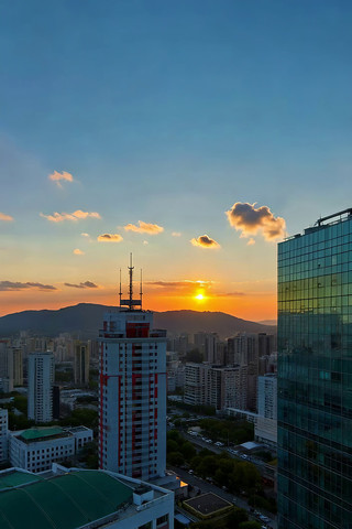 城市高楼日落全景 城市高楼日落全景