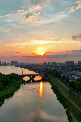 城市河流日落航拍全景 城市河流日落航拍全景
