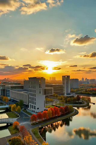 城市湖畔建筑秋日夕阳景象 城市湖畔建筑秋日夕阳景象