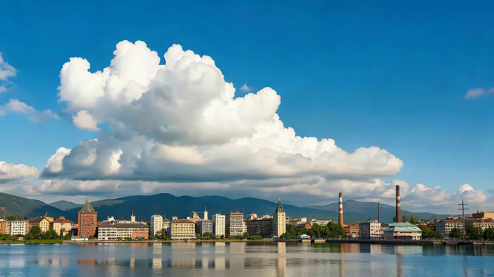 城市湖畔蓝天白云风景 城市湖畔蓝天白云风景