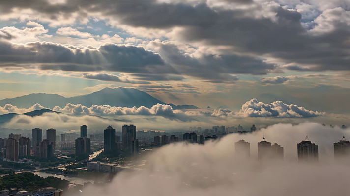 城市平流雾景观航拍素材 城市平流雾景观航拍素材