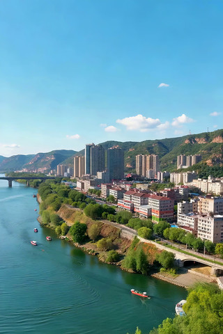 城市沿河风光航拍 城市沿河风光航拍