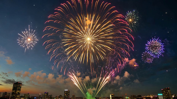 城市夜空绽放的绚烂烟花 城市夜空绽放的绚烂烟花
