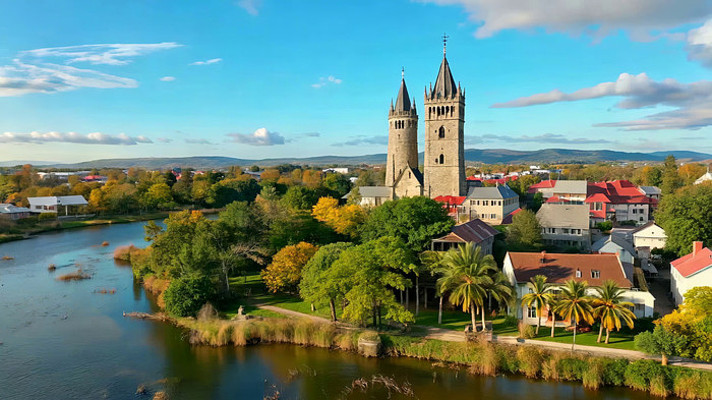 城镇河流与双塔建筑景观 城镇河流与双塔建筑景观