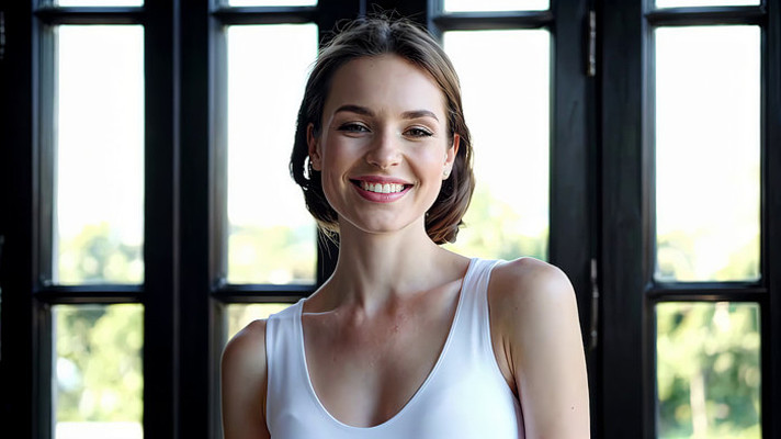 窗边微笑的年轻女性 窗边微笑的年轻女性