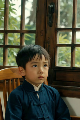 穿中式服装小男孩窗边静坐 穿中式服装小男孩窗边静坐