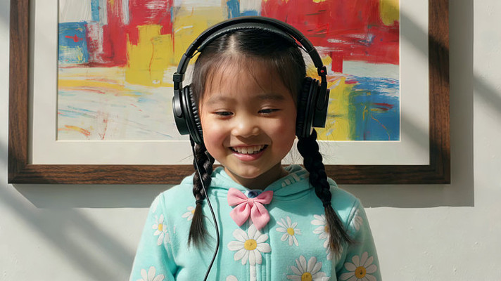 戴耳机的小女孩微笑画面 戴耳机的小女孩微笑画面
